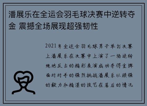 潘展乐在全运会羽毛球决赛中逆转夺金 震撼全场展现超强韧性