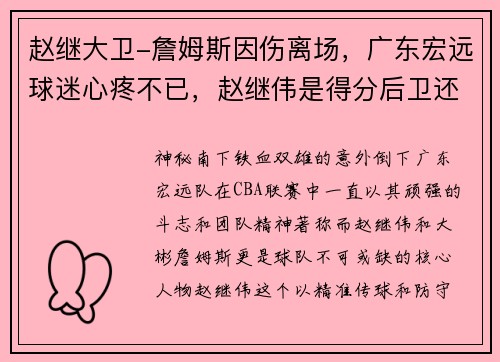 赵继大卫-詹姆斯因伤离场，广东宏远球迷心疼不已，赵继伟是得分后卫还是控球后卫