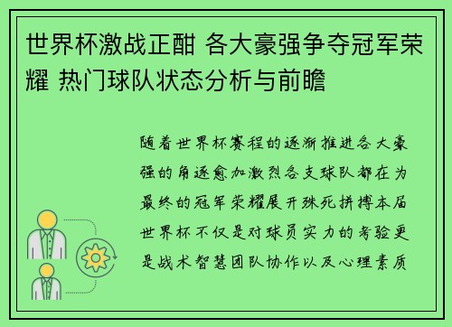 世界杯激战正酣 各大豪强争夺冠军荣耀 热门球队状态分析与前瞻